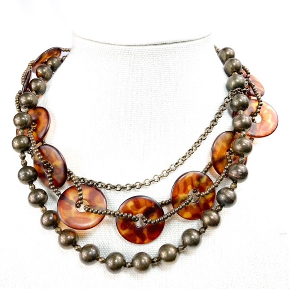 Three Strand Toggle Clasp Statement Necklace Faux Tortoise bronze tone metal